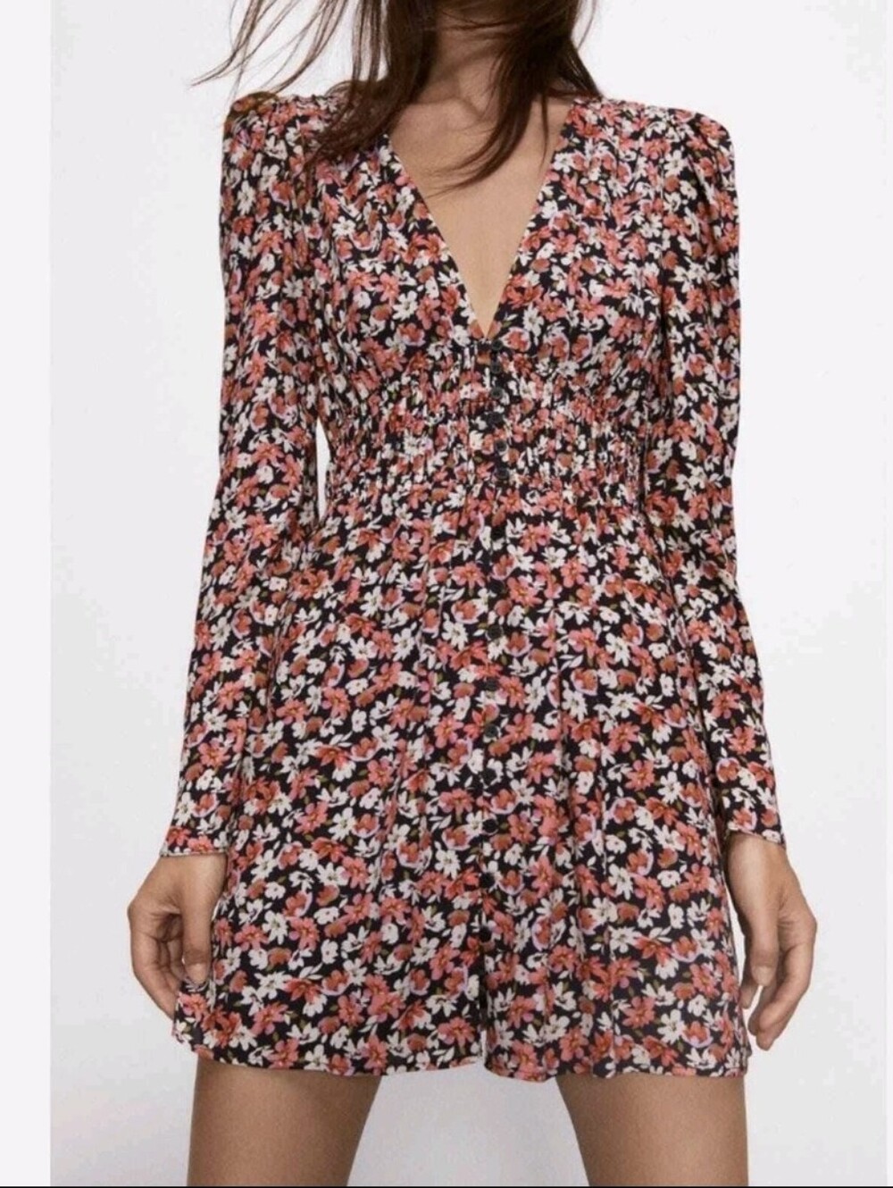 NWT Zara Floral Smocked Waist V-Neck Mini Dress - Medium